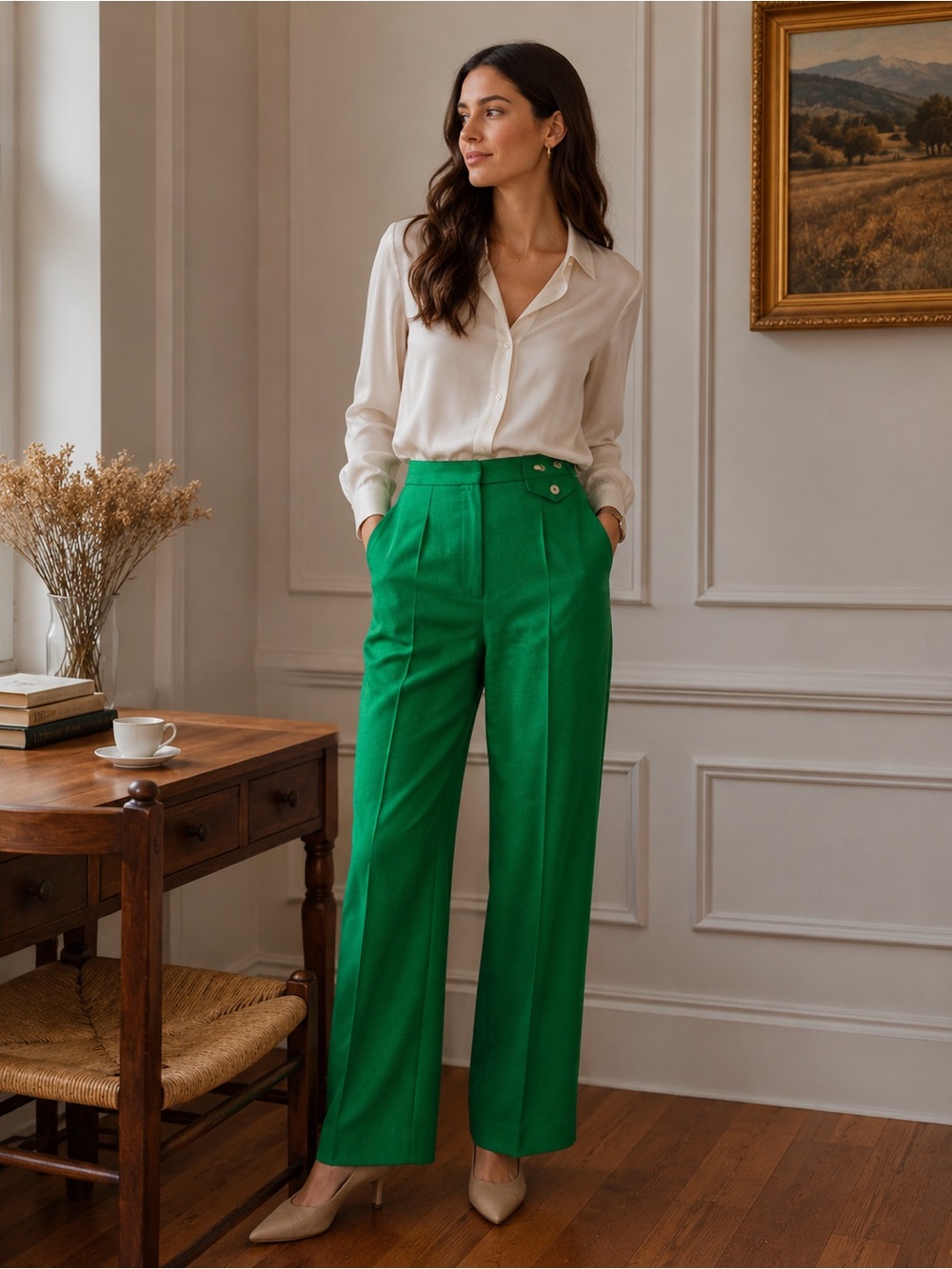 Vintage JH Collectibles Green Linen Blend High Waist Straight Leg Pants Small